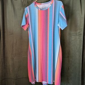 Crazy Train Multicolor Striped Tee Dress - Blue, Pink, Coral, Gray